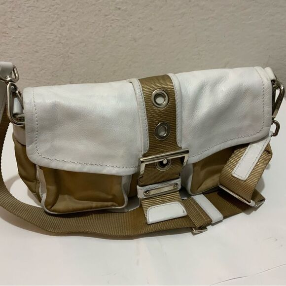 PRADA Nylon Leather Shoulder Bag Beige Nylon Fabric Leather buckle